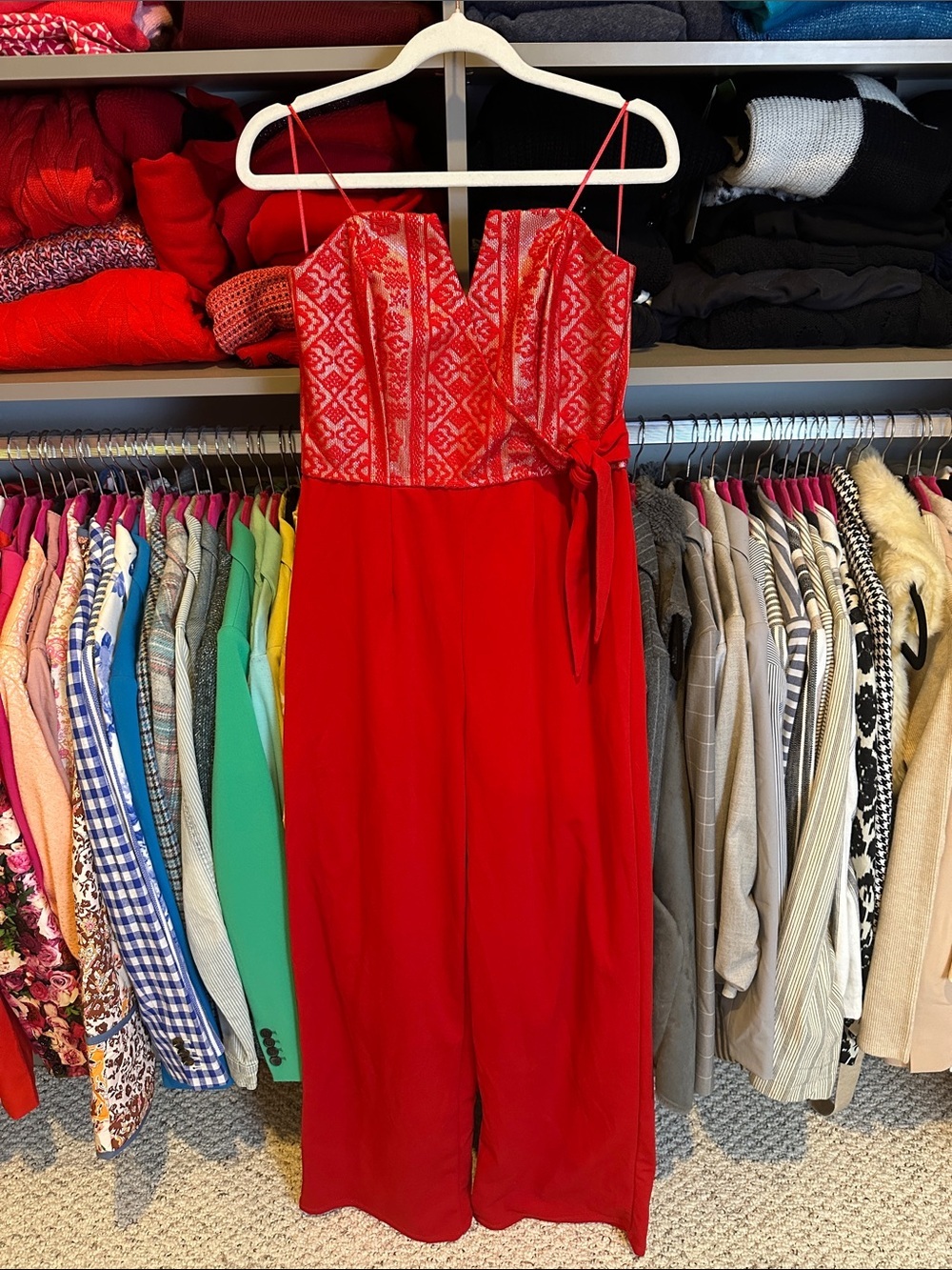 Mi Ami red/metallic silver lace strapless back zipper closure jumpsuit size S